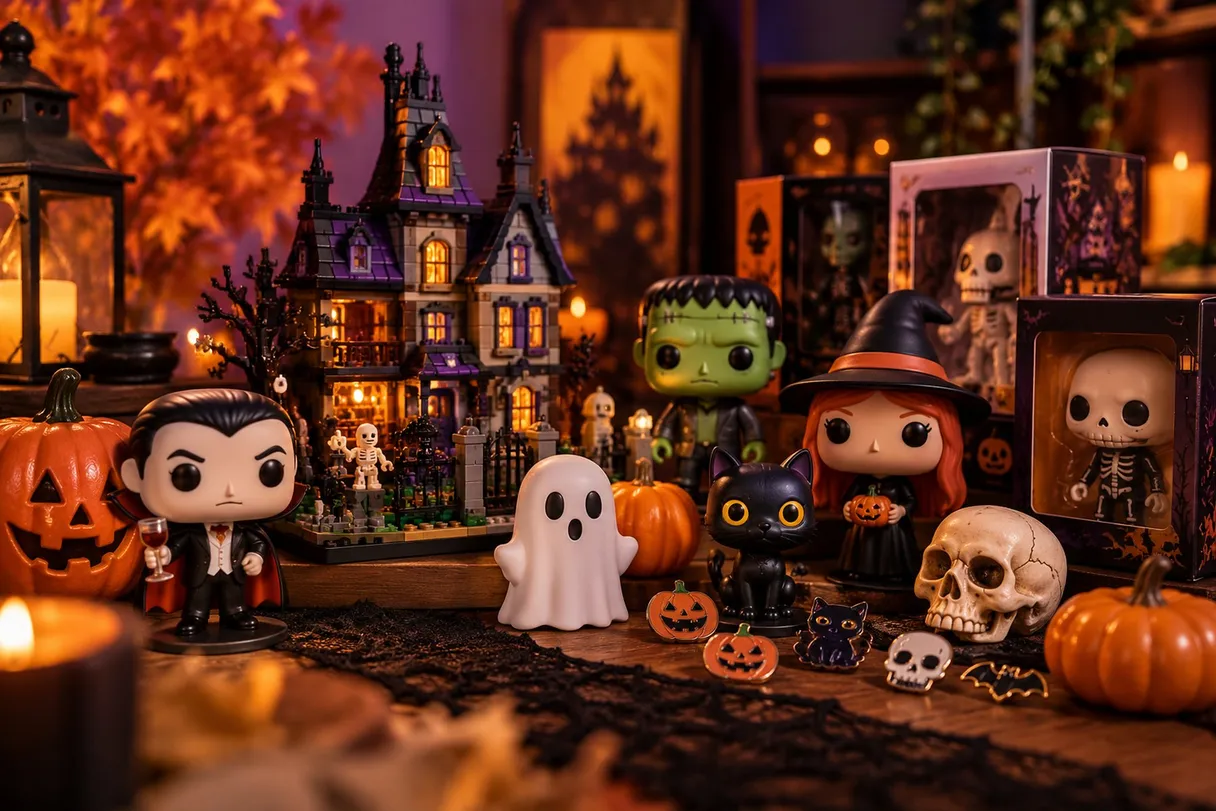 Halloween collectible figures and a building-brick haunted house set