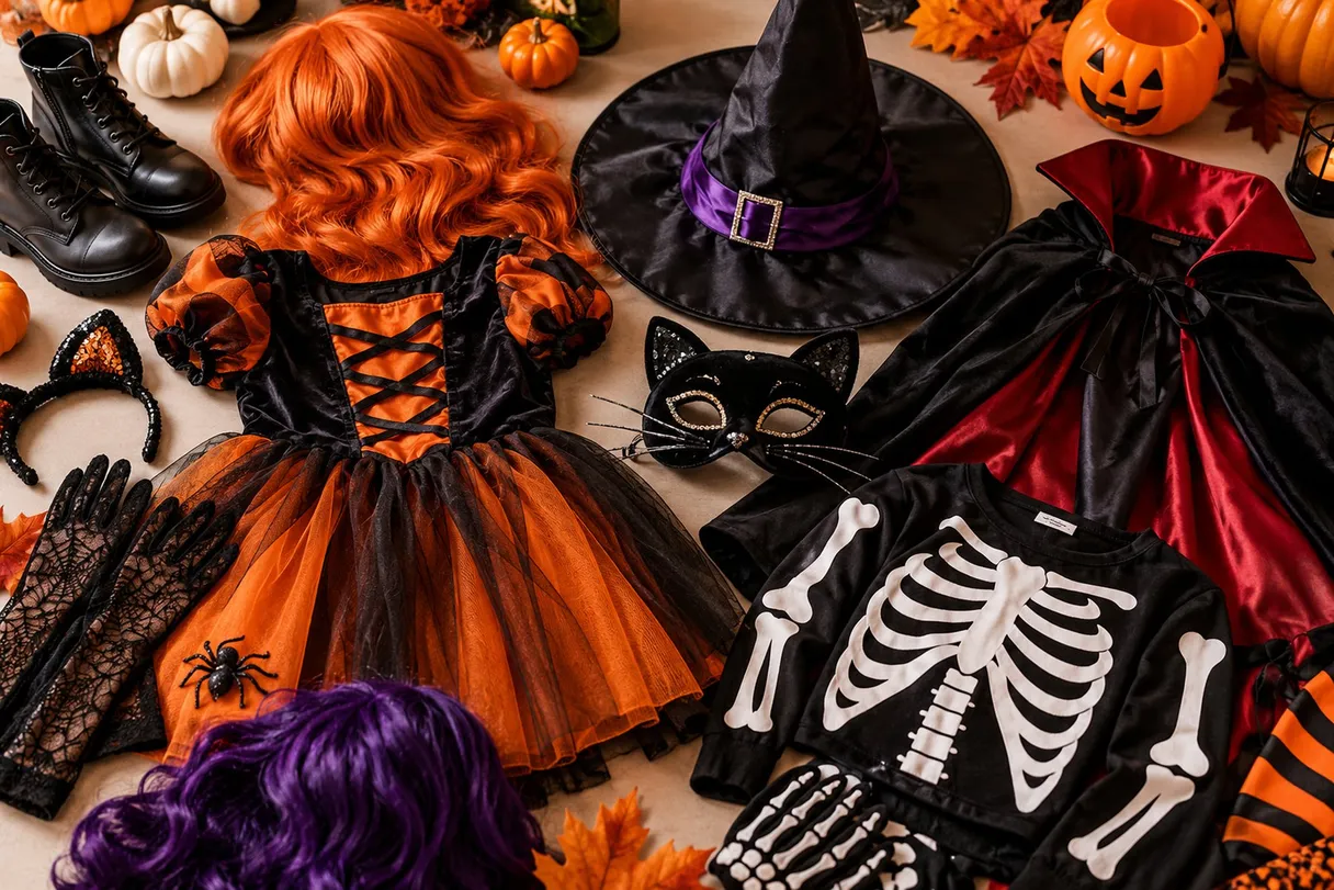 Halloween costumes and accessories, including a witch hat, wig, and cat mask