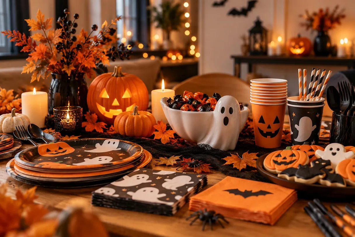 Halloween party table with themed paper plates, cups, and napkins