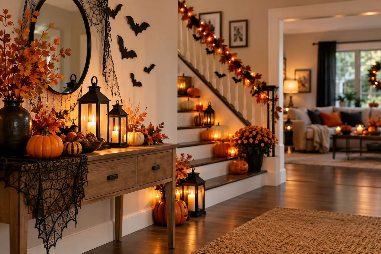 Entryway decorated for Halloween with pumpkins, lanterns, and paper bats